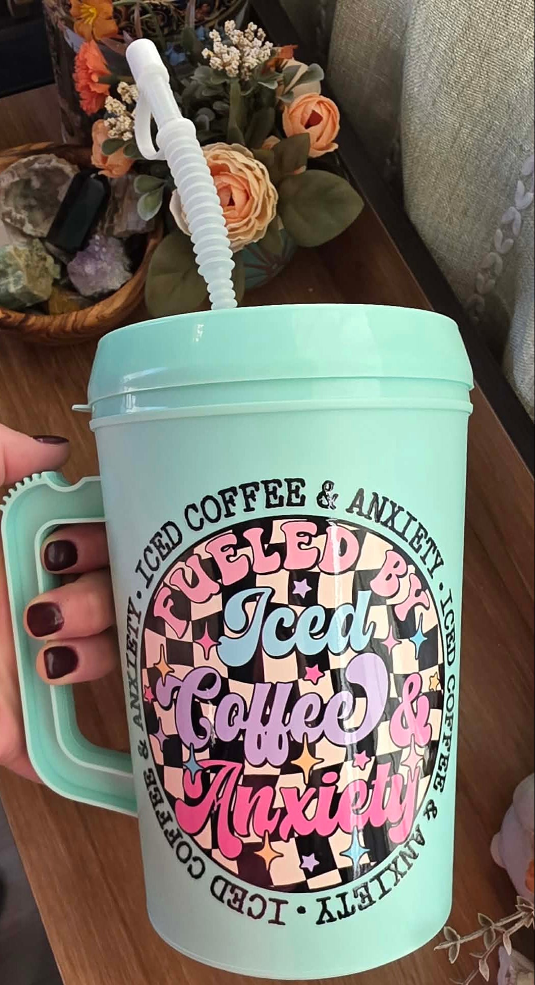 "Fueled By Iced Coffee and Anxiety" - Seafoam 34 oz. Trucker Mug