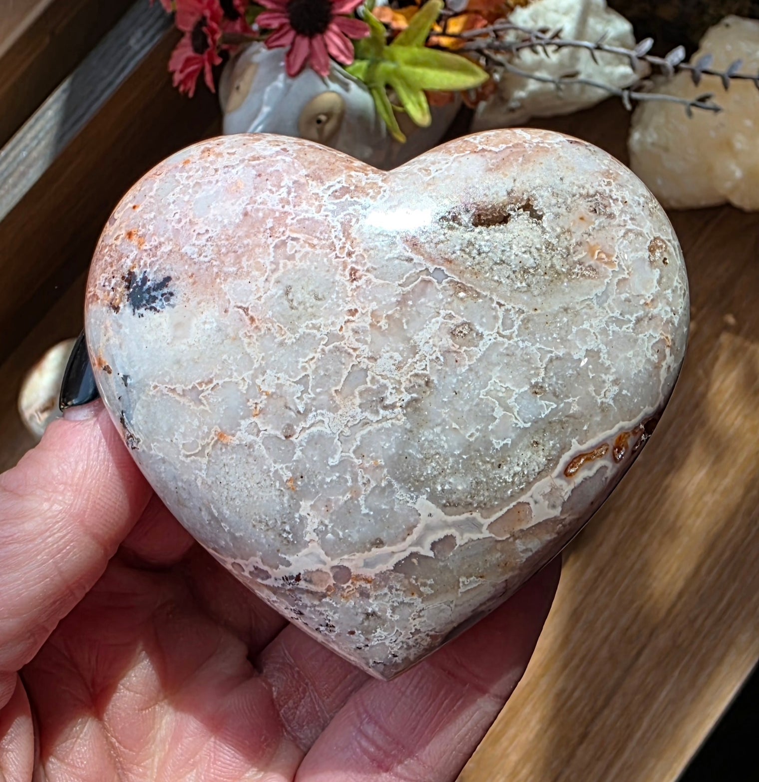 Pink Plume Agate Heart